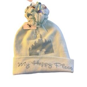 Disney Parks My Happy Place Castle Pom Beanie Light Blue Winter Hat New